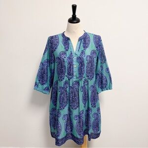 La Plage Blue Green Paisley Maybe Relaxed Fit 3/4 Sleeve Pintuck Dress Large